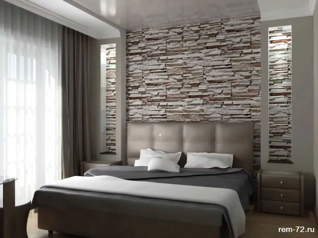 Отделка камнем спальни